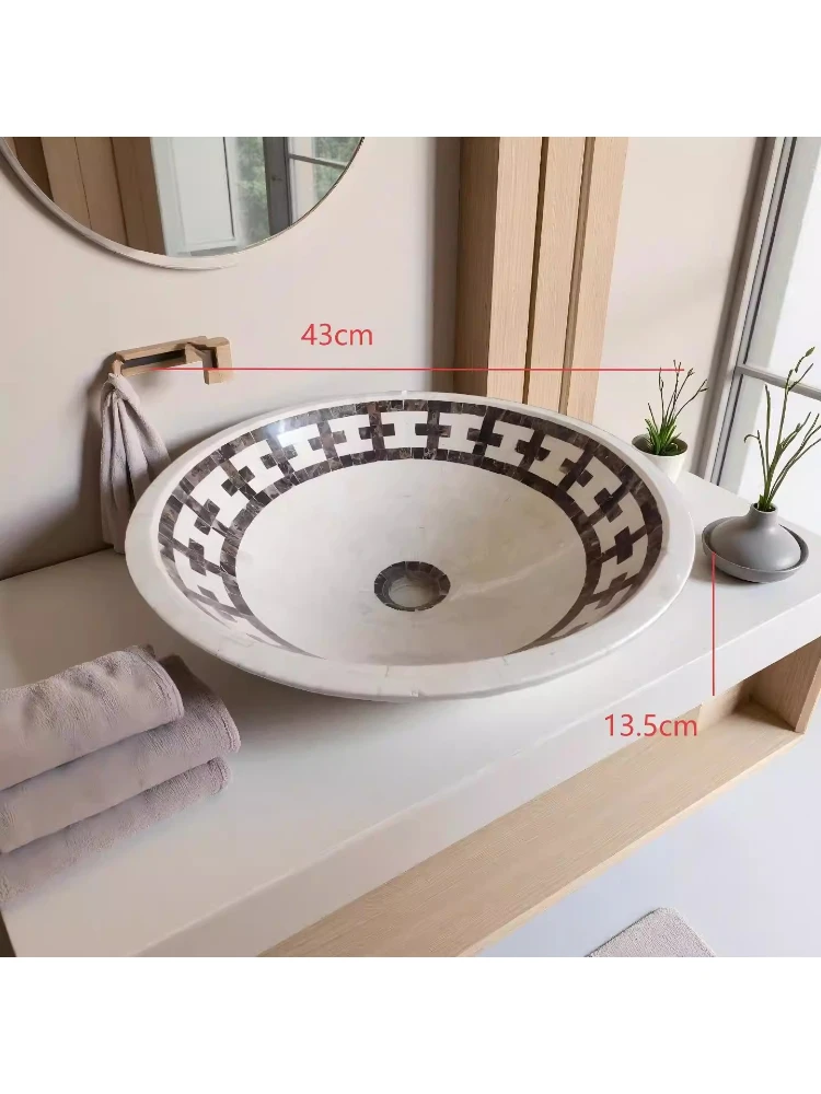 

Современная простая круглая раковина для умывания из мрамора с мозаичным узором, декоративная раковина для мытья рук.