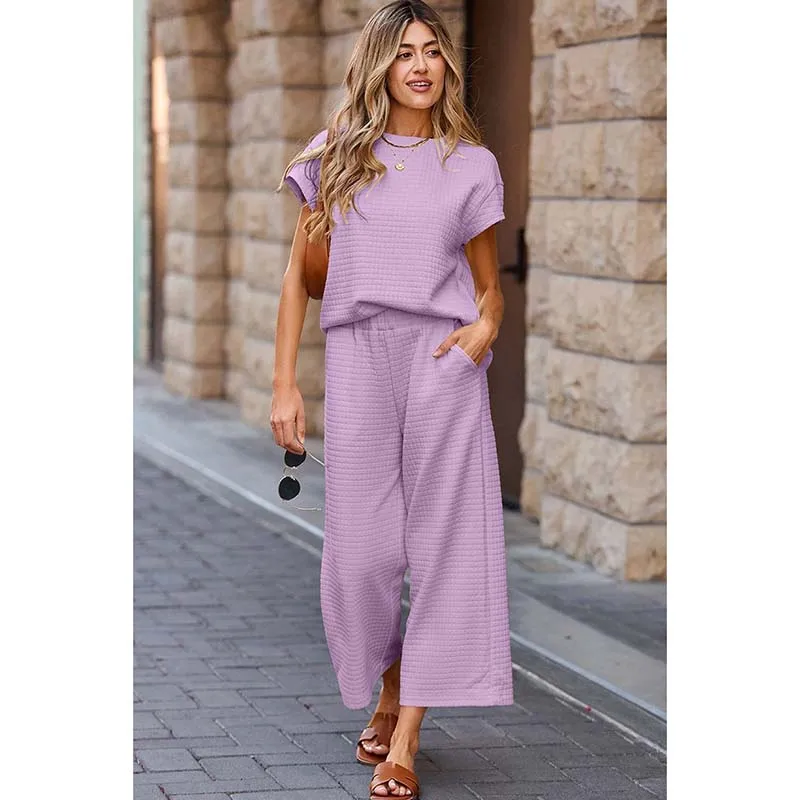 2026 New Casual Short-Sleeved T-Shirt Top + Trousers Two-Piece Suits For Women Summer Solid Color Texture Fashion Set For Women