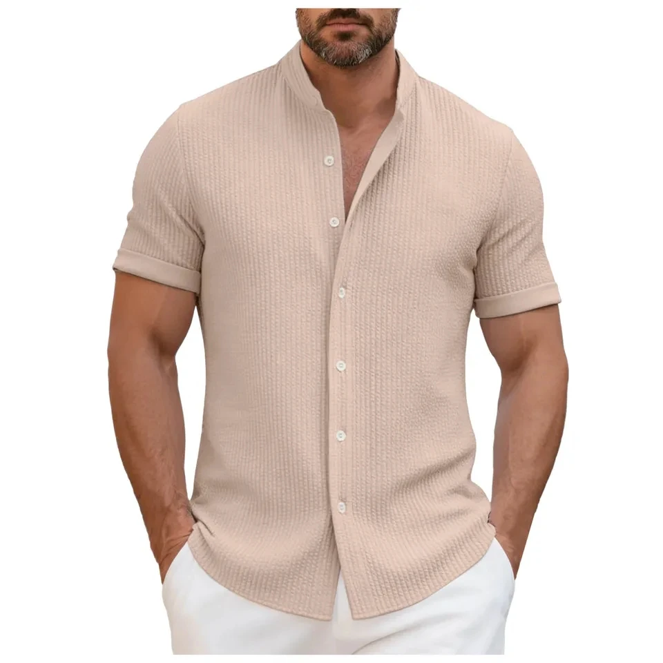 

New Men Casual Shirts Lightweight Short Sleeve Henley Collar Shirt Beach Style Hawaiian Vacation Male Tops Button Up Shirts