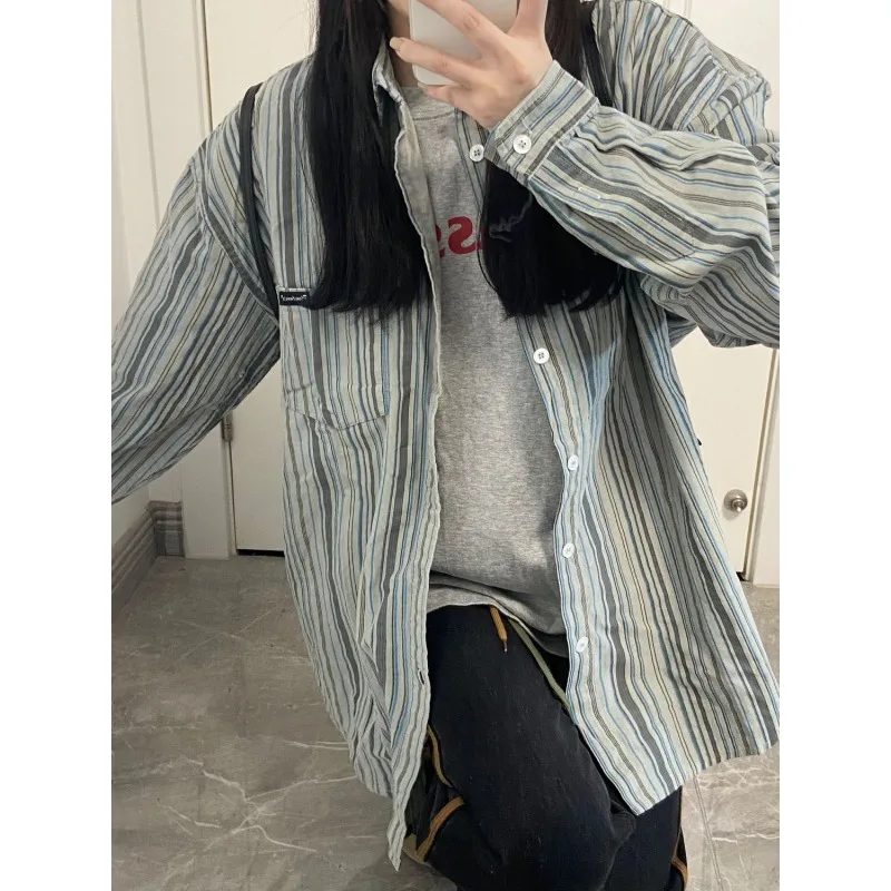 QWEEK Vintage Striped Preppy Korean Style Shirts Oversized Harajuku Casual Blouse Long Sleeve Minimalist Women's Autumn Clothing