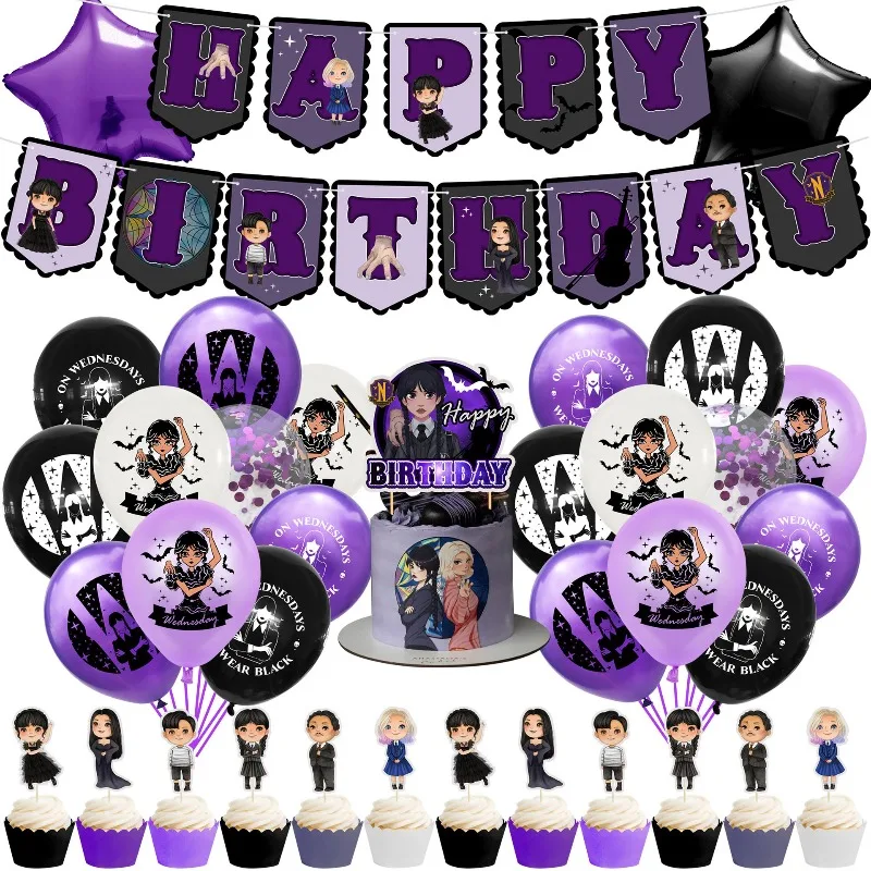 Decoración con Globos de la Película Wednesday Addams, Set de Globos con Bandera para Fiesta de Cumpleaños, Set de Globos Impresos para Fiesta