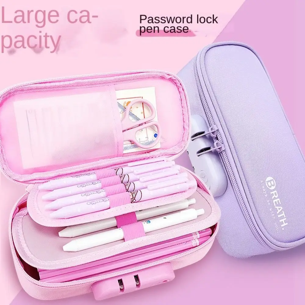 

Large Capacity Password Lock Pencilcase Four Layers Cute Stationery Box Solid Color Pen Holder Portable School Stationery