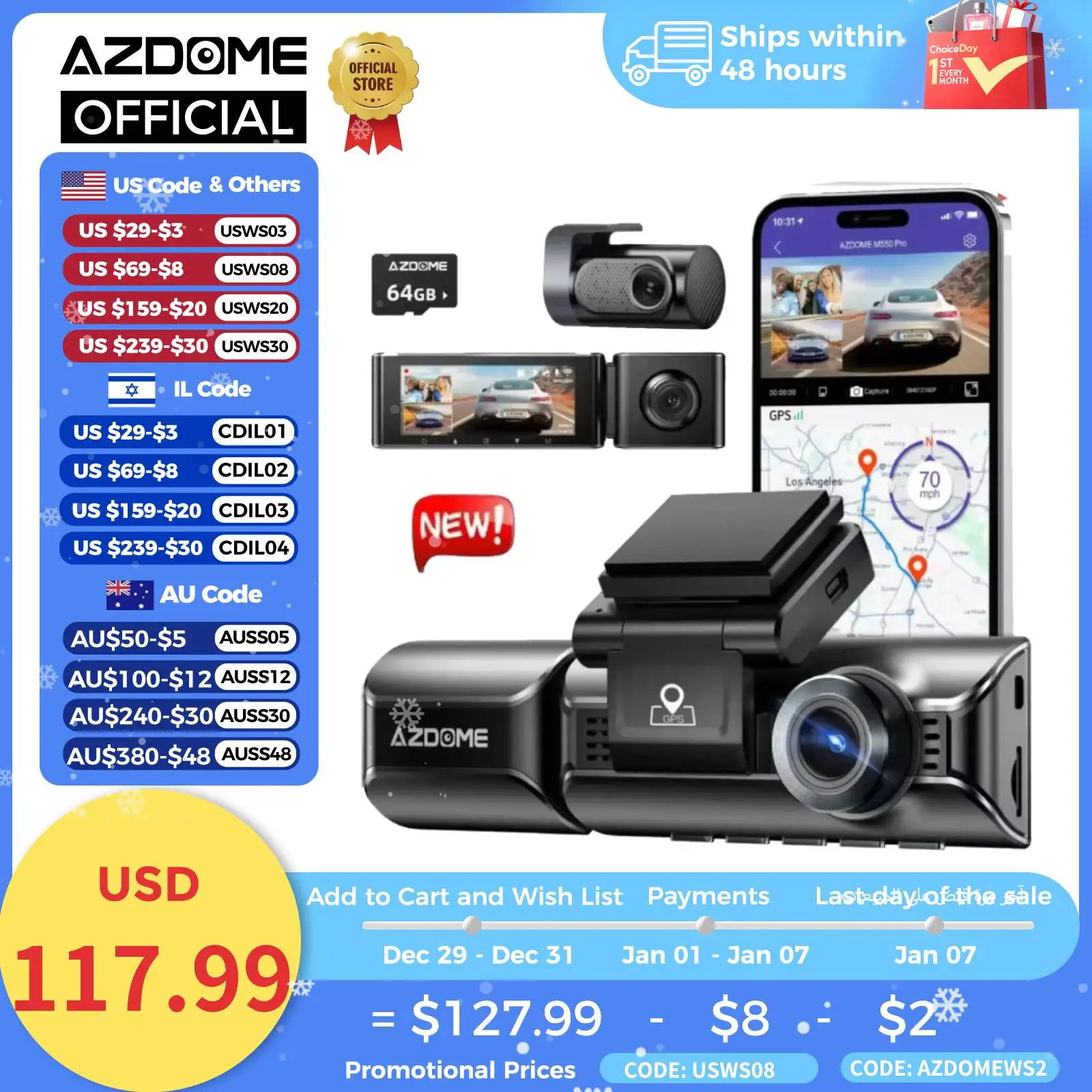 AZDOME M550 Pro Dash Cam Car DVR 5.8Ghz WiFi 3.19