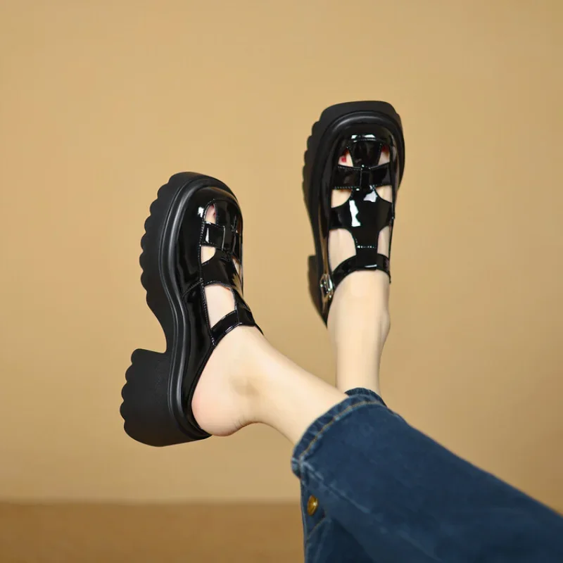 Patent Leather Women Mules Slippers Pink Black High Heels Sandals Female Slip On Casual Summer Outside Ladies Slides Shoes