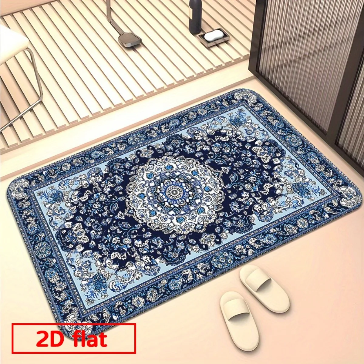 2D Flat, 2D Flat Printed 1pc Retro Bohemian Style Flannel Bathroom Mat, Non-Slip And Machine Washable, Suitable for Bathroom, Li