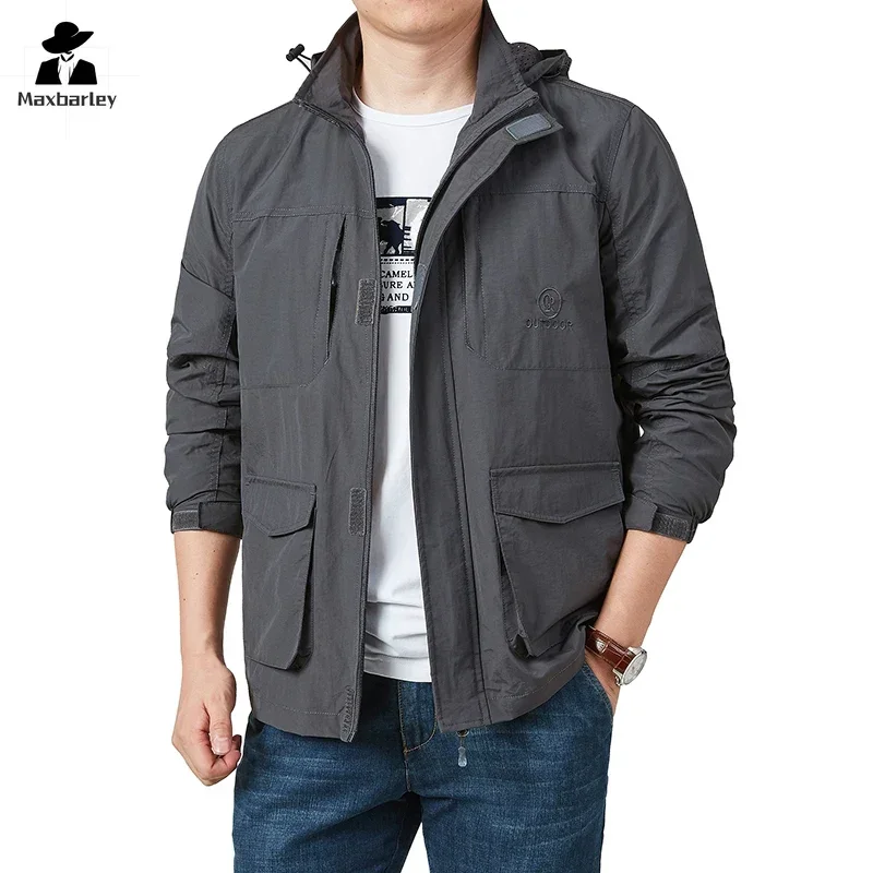 Techwear Windbreaker Men's Spring and Autumn Casual Thin Multi-Pocket Work Coat Outdoor Fishing Mountaineering Loose Hooded Coat