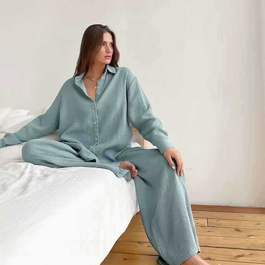 

Loose irt Trousers Two-Piece Set Faionable Home Clothes Long Sve Pure Color Button Front Closure Elastic Waisand