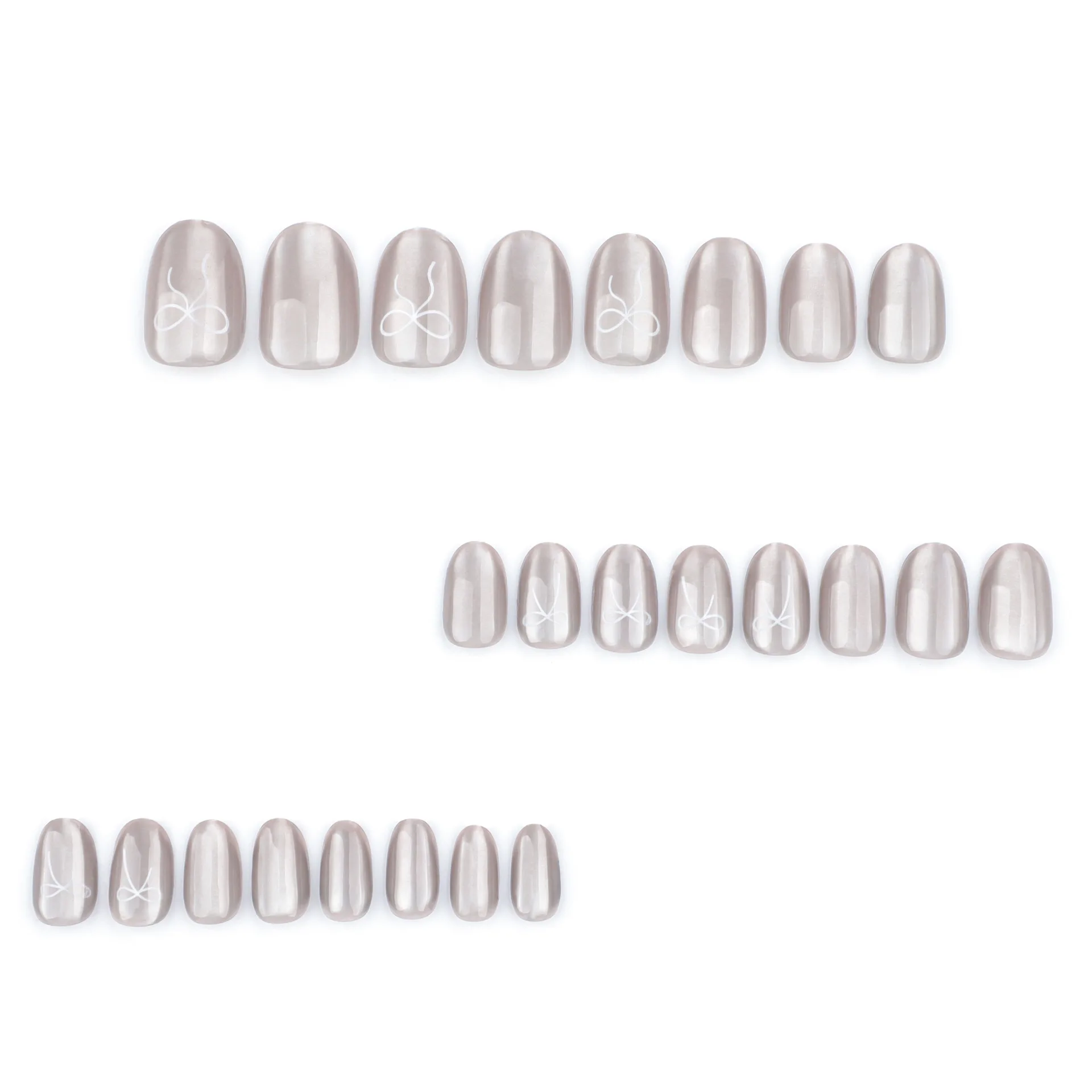 24pcs Premium Grey Cat's Eye Press On Nails Nude Short Oval Autum False Nail With Bowknots Designs Full Cover Charming Fake Nail