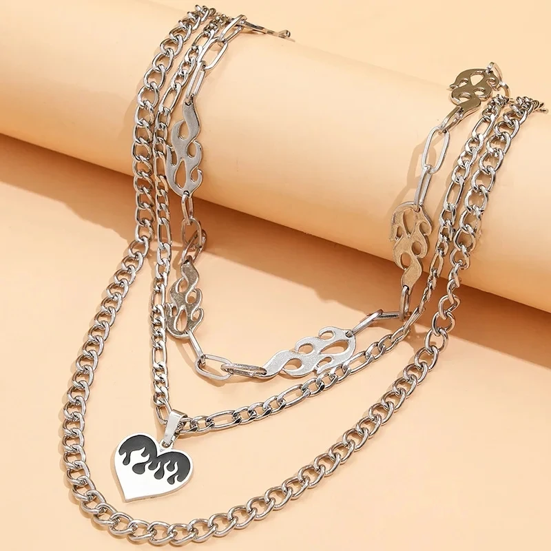 Punk Silver Plated Multilayer Chains Flame Pendant Necklace Fashion Hip Hop Enamel Heart Short Collar For Women Men Gift Jewelry