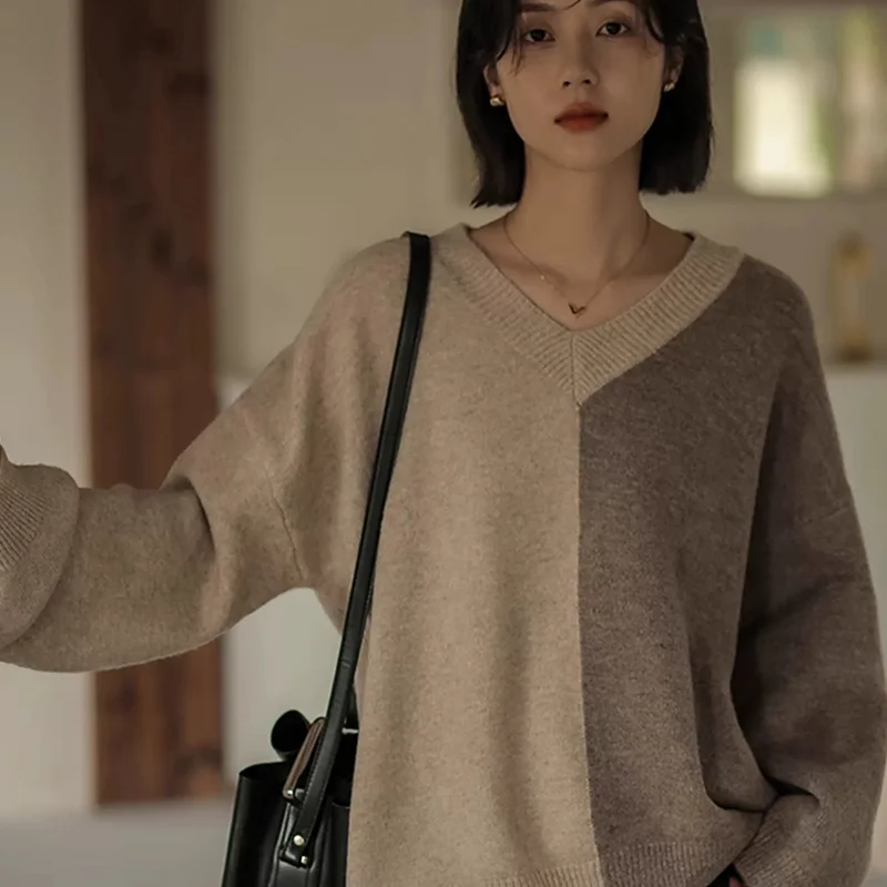 

Модный свитер из 100% мериносовой шерсти, кашемировый пуловер, женский трикотаж с v-образным вырезом и длинными рукавами, осенне-зимняя модная базовая одежда, топы