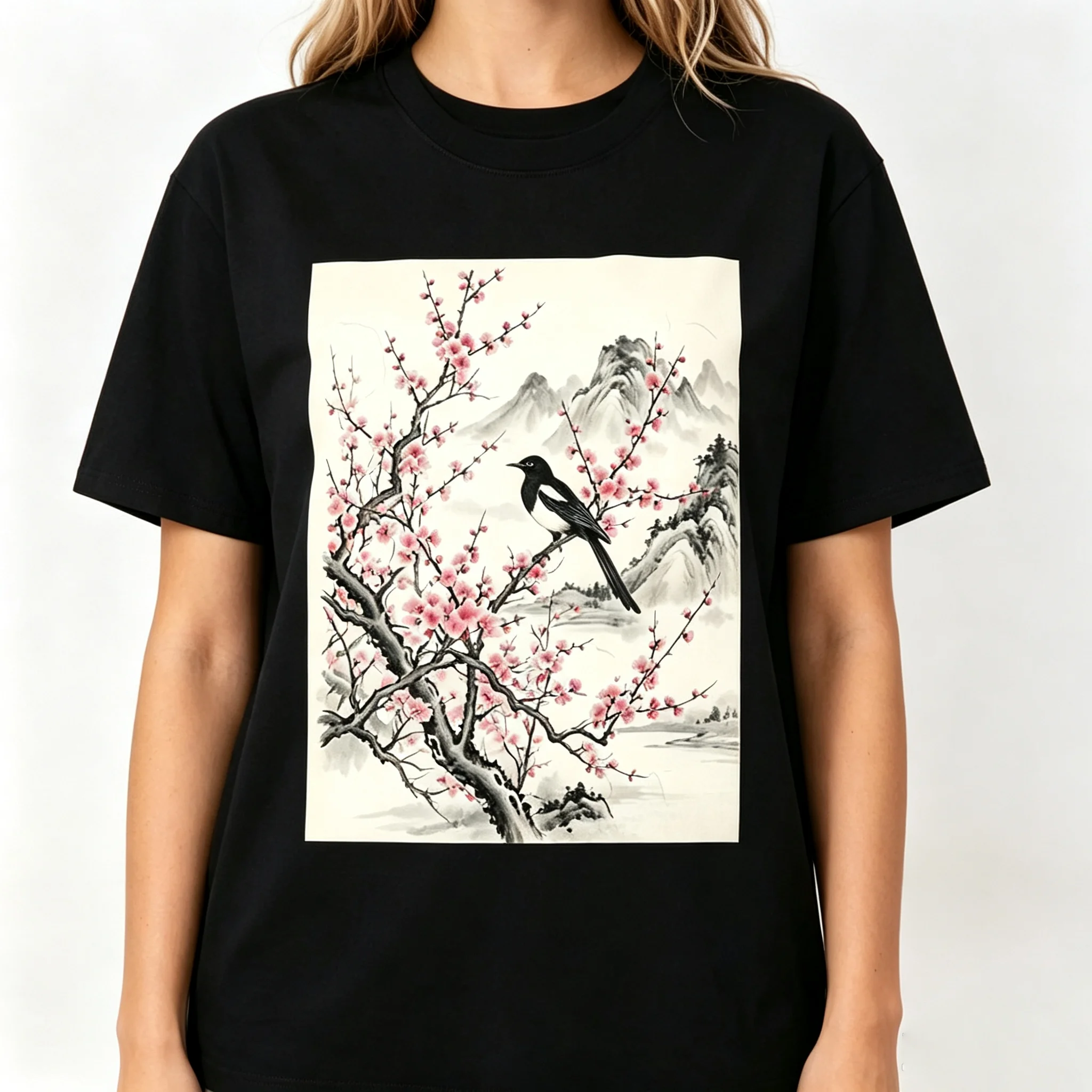 Chinese Ink Wash Magpie Plum Blossom Graphic T‑Shirt Oriental Mountain Landscape Art Crewneck Casual Unisex Short Sleeve Tee