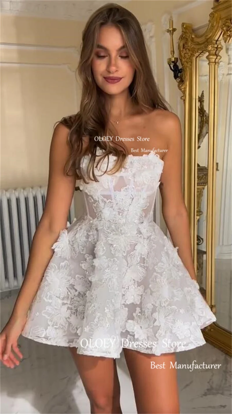 OLOEY-Mini vestidos de novia cortos sin tirantes, vestido de novia Sexy de encaje para jardín, bata de matrimonio, vestido de graduación, corsé con cordones en la espalda, 2024