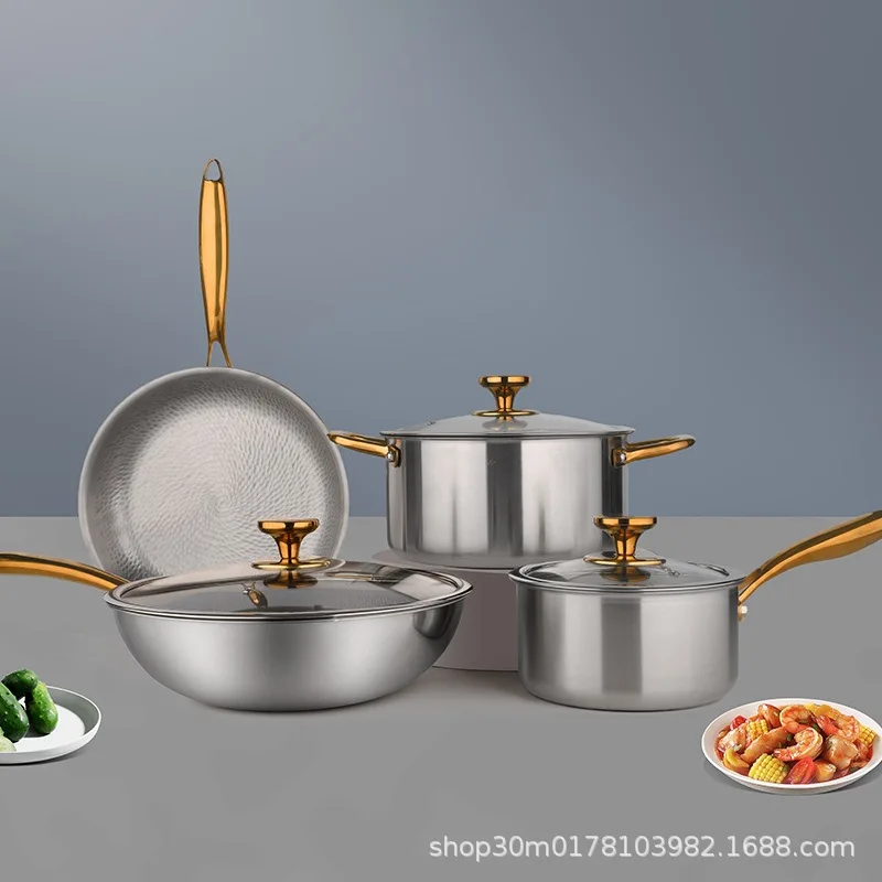 Household pure titanium pot set, gilded handle wok, Amazon best-selling frying pan, milk pot, soup pot, no coating