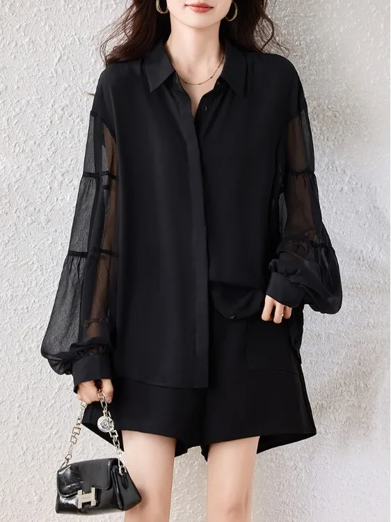 

Элегантная черная женская рубашка свободного кроя с рукавами-фонариками, омолаживающий эффект, весна 2026, новый стиль, люксовая модная женская блузка