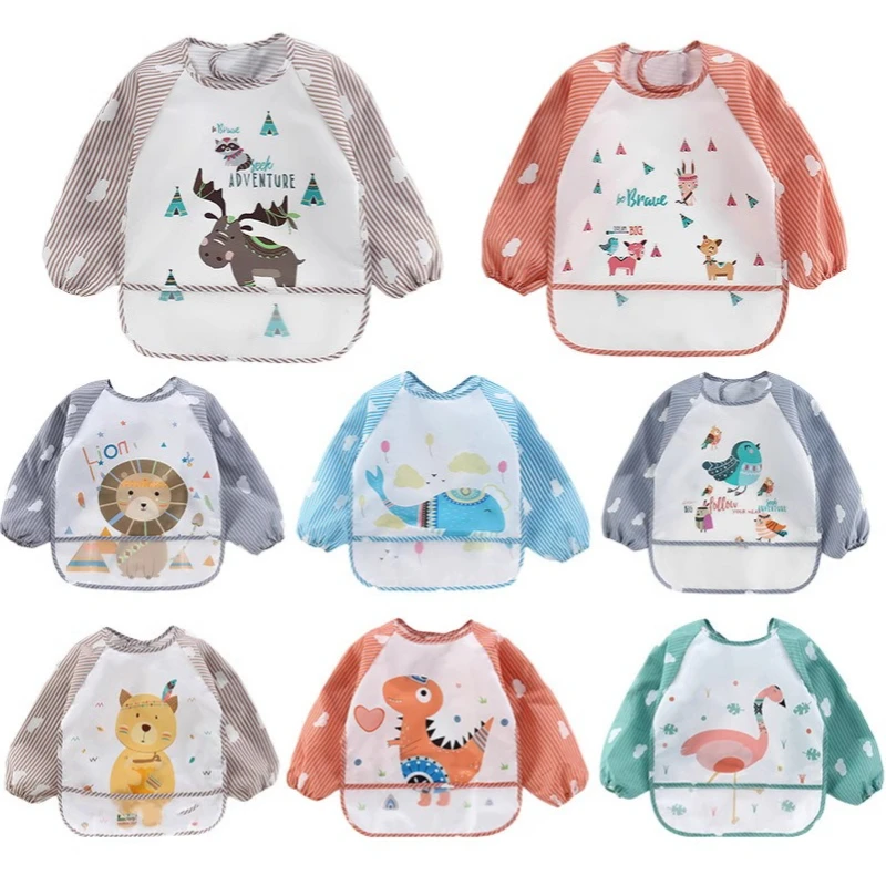 0-3Years Waterproof Eating Bib Infant Toddler Baby Cartoon Long Sleeve Art Apron Animal Smock Baby Bib Drawing Painting Cover