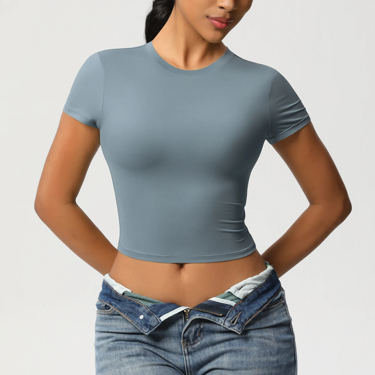 Frauen Sport Shirt Kurzarm Gym Top Workout Kleidung Hohe Elastische Active Wear Femme Lauf Zubehör Fitness T-shirt – Detail 30