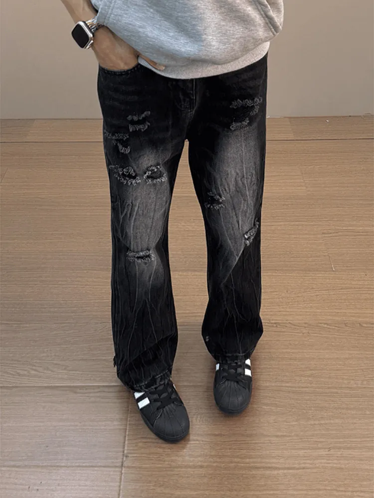 

Black Lightning Pattern Washed Hole Denim Jeans Men's American High Street Vibe Slim Straight Micro Flared Pants