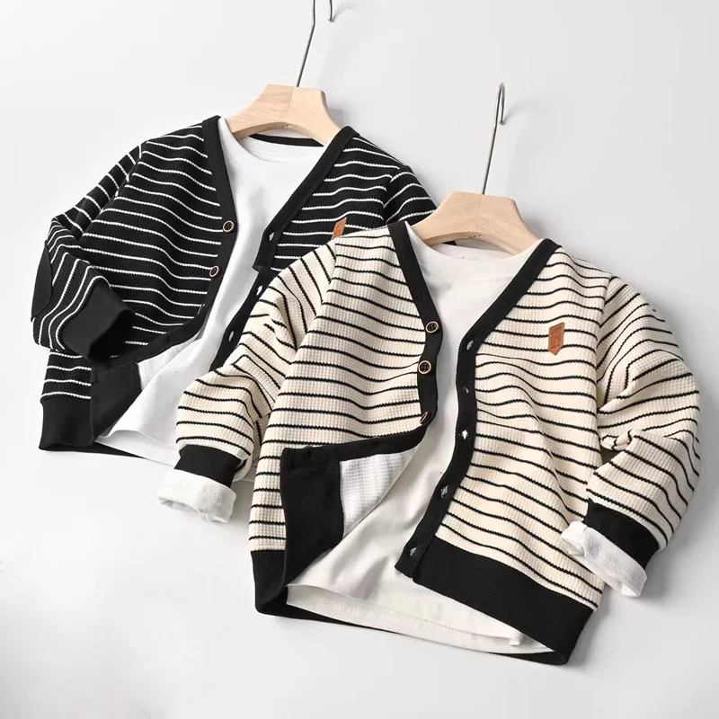 

Children Striped Cardigan Coat V-neck Knitted Sweater Jacket for Boys and Girls