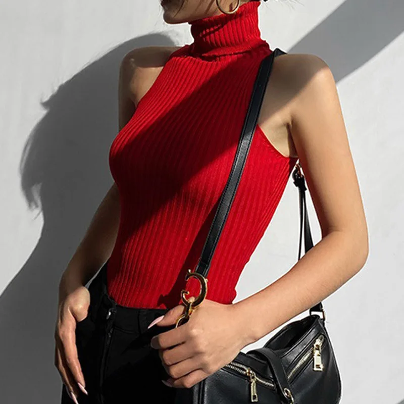 Red White Black Turtleneck Sleeveless Slim Stretch Y2K Knitted Sweater Vests All Matched Pullovers NFFS-850468