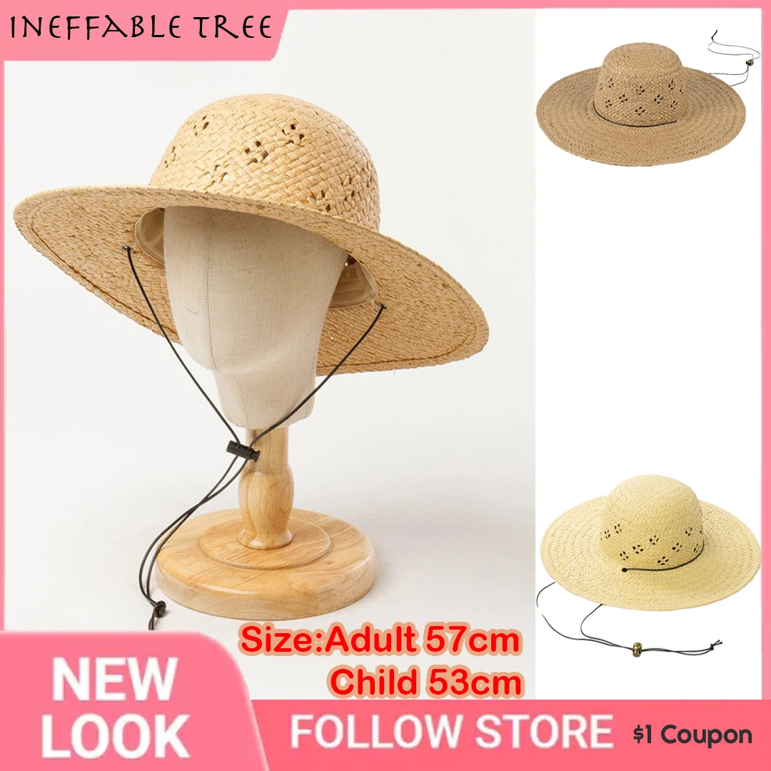 

Korea Hand-knitted Openwork Design Straw Hat for Parents Child Head Circumferences -a Must-have for Families for Sun Protectio