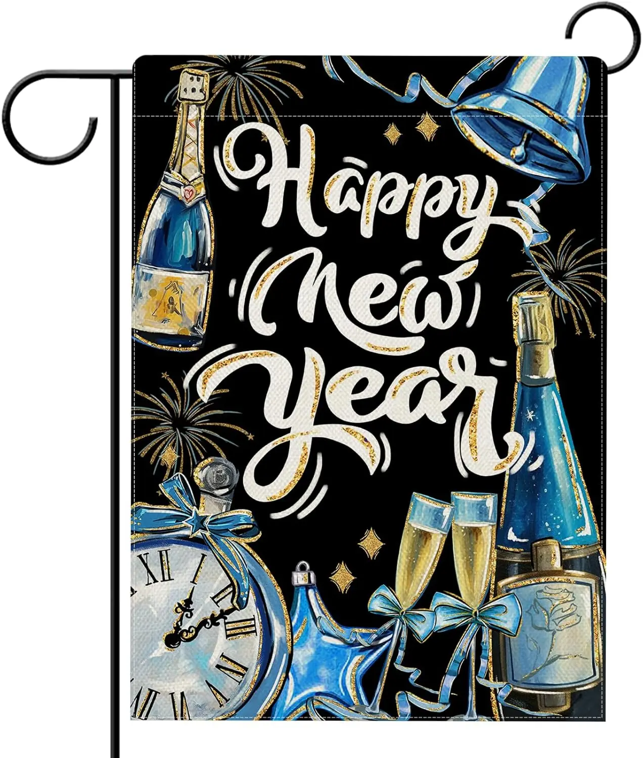 Hzppyz Happy New Year 2024 Garden Flag Double Sided, Blue Black Clock Bell Decorative Yard Outdoor Home Small Decor, Fireworks C