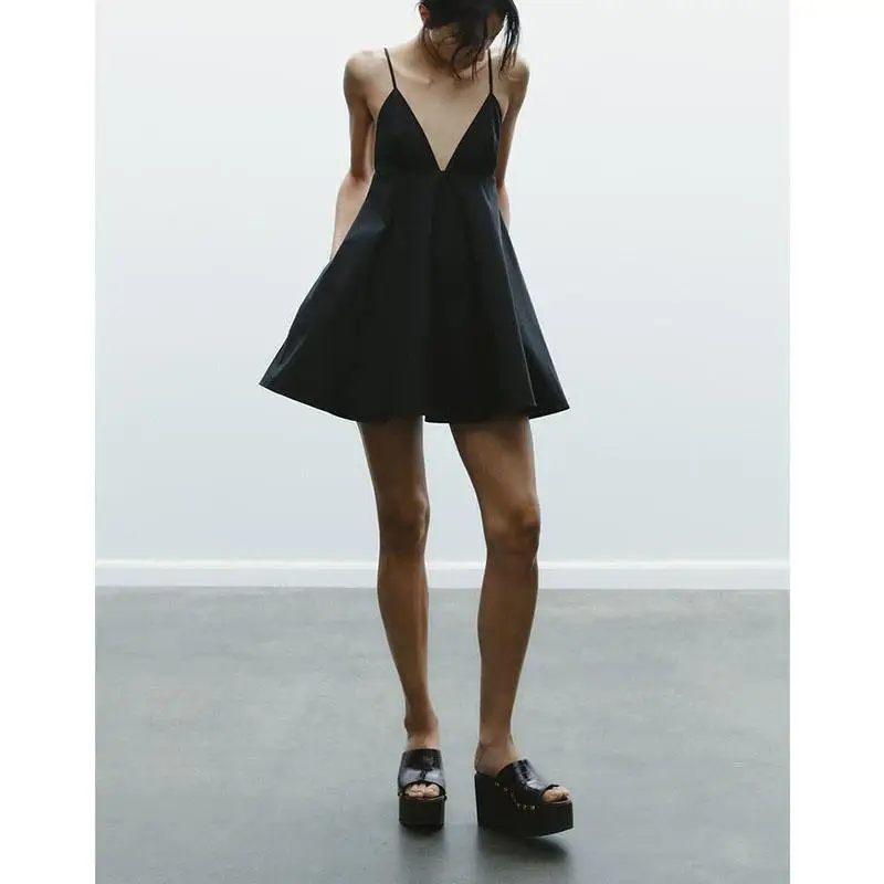 Primavera nueva mujer Hepburn Little Bla Dr vestido de noche Correa V-ne ort Dr cintura alta No Sve fibra de poliéster