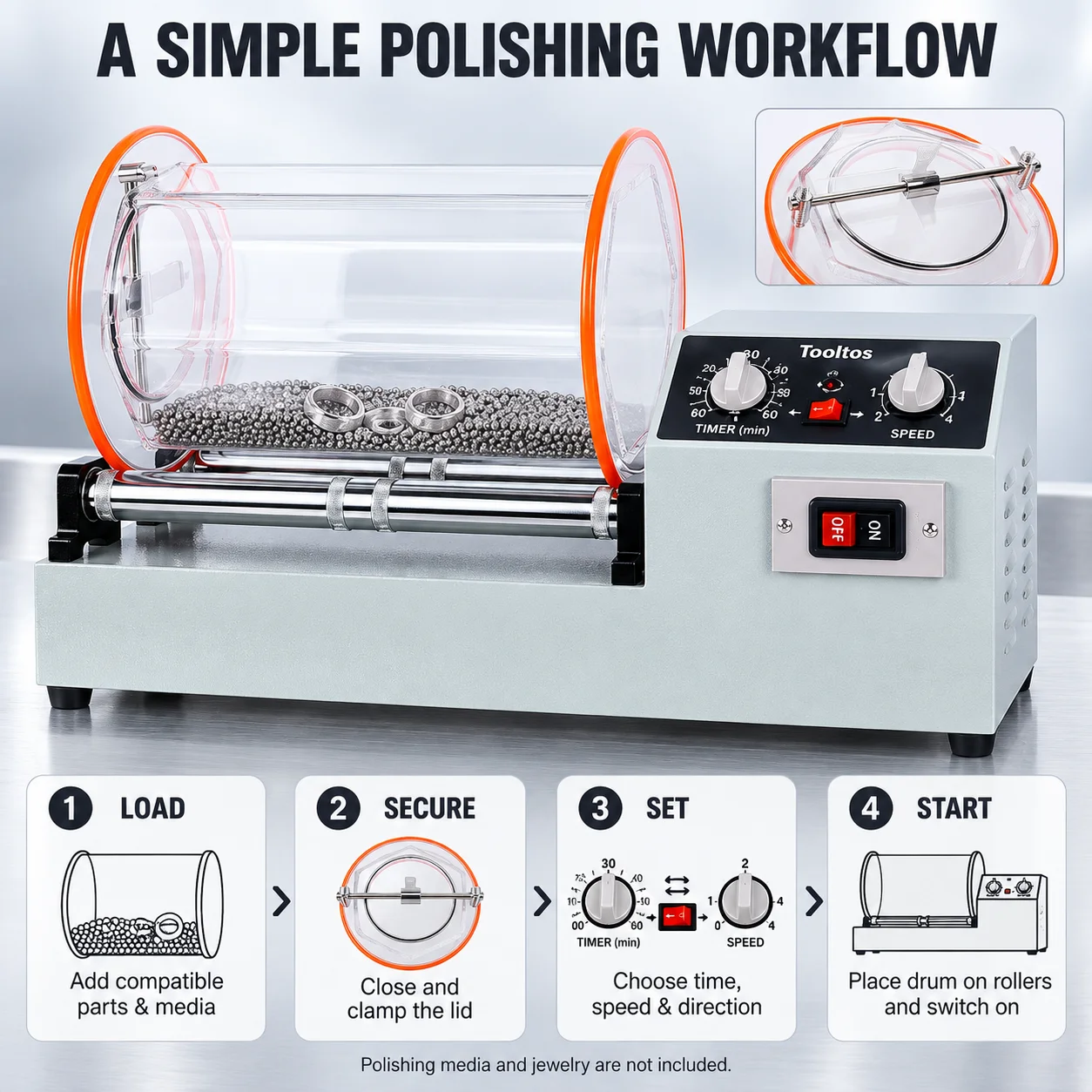 TOOLTOS KT-1320 16KG Rotary Tumbler Jewelry Polishing Machine 250W 4-Speed Bidirectional 200RPM Timer for Gold Silver Metal 110V