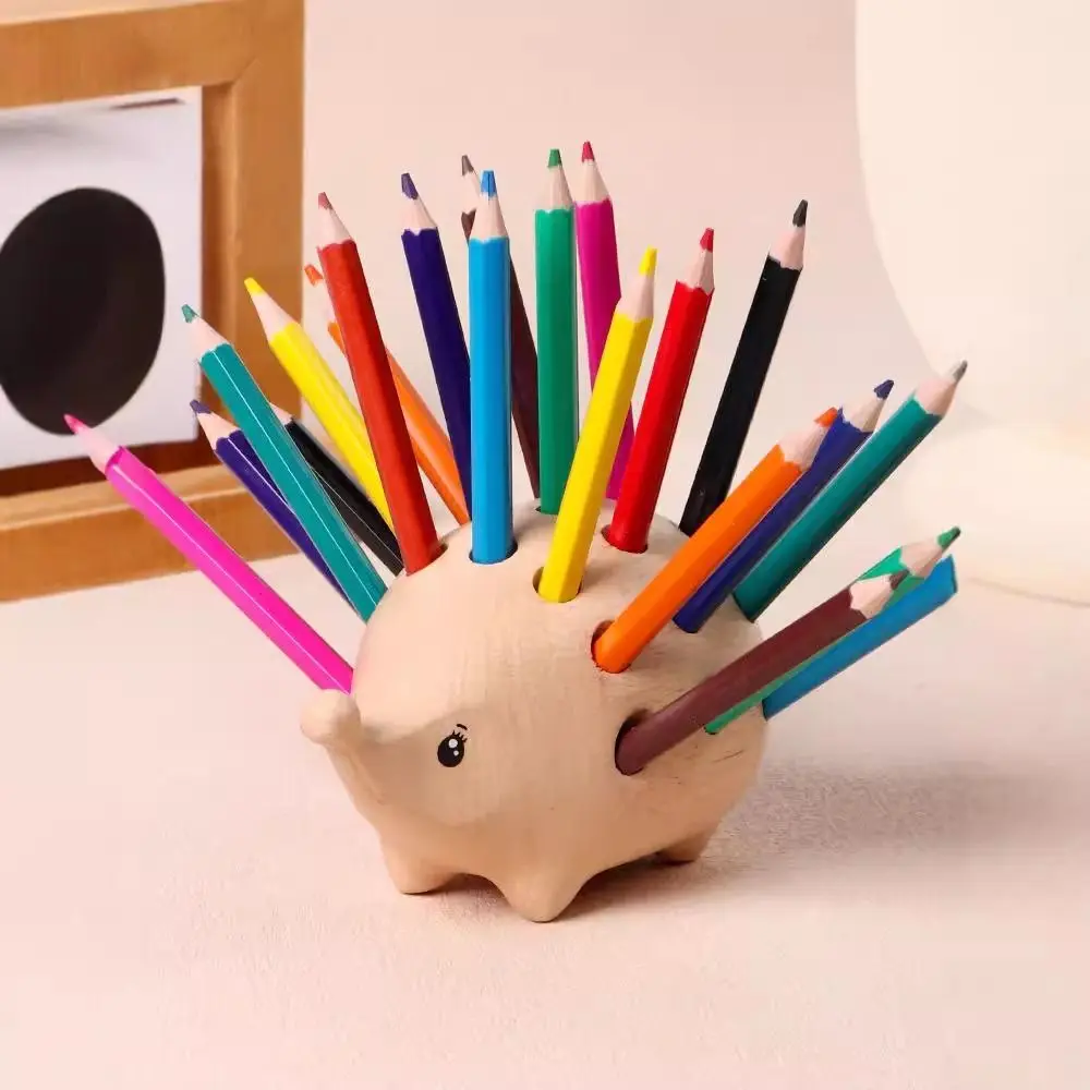 Creative Hedgehog Pen Holder 21 Holes Smooth Surface Pencil Stand Set with 24pcs Colored Pencils Gift Pen Container