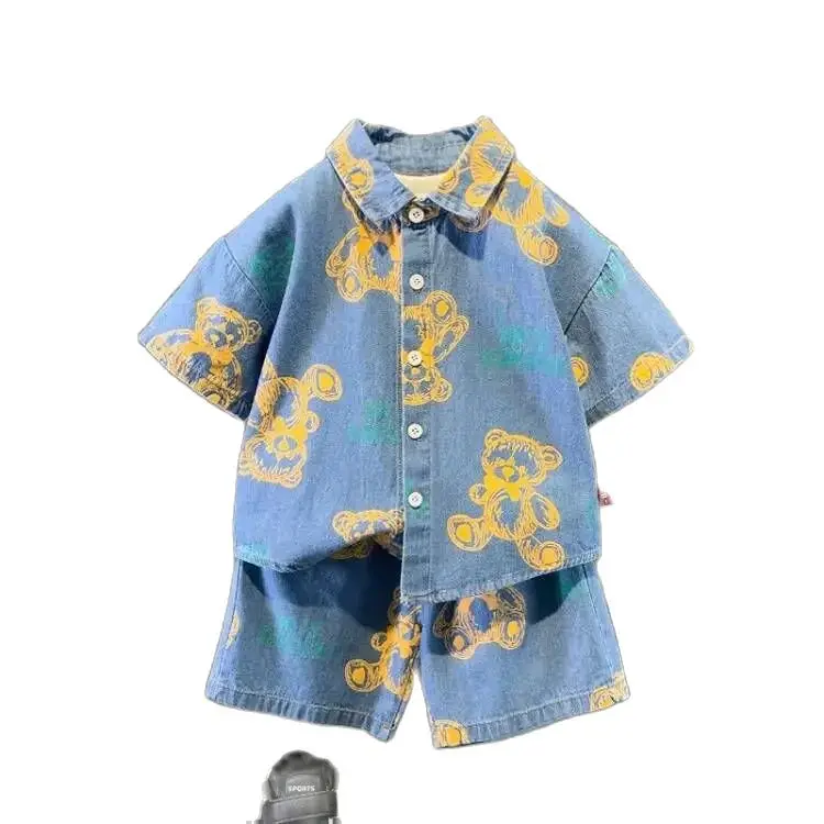 New Children's Boys Denim Clothes Suit Summer Fashion Cartoon Bear T-Shirt Shorts 2pcs/sets Kids Toddler Sports Casual Outfits