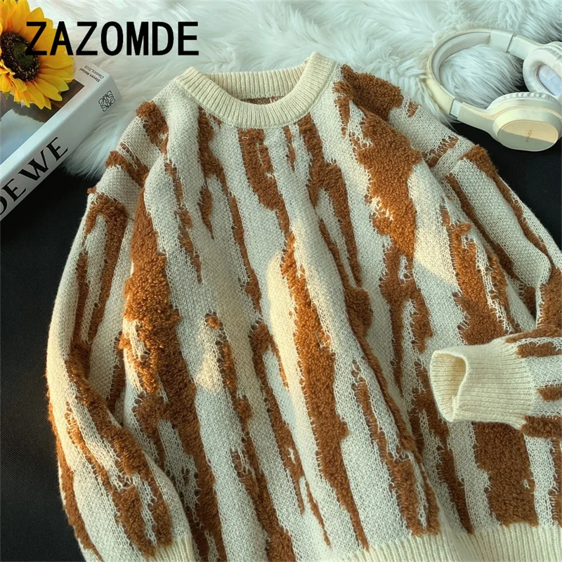 ZAZOMDE Jesienno-zimowy zagęszczony sweter męski Koreański modny luźny japoński top z dzianiny Casual Scene Crew Neck Knitwear Men