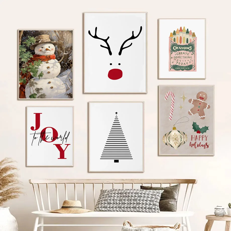 Francuski minimalistyczny zimowy świąteczny obraz na płótnie, bałwan, renifer, piernikowy ludzik, prezent, plakat artystyczny, nowoczesny wystrój domu