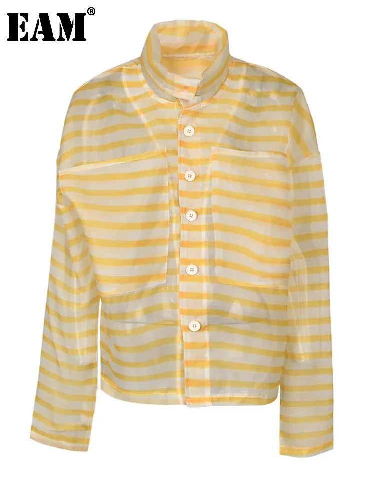 

[EAM] Women Yellow Striped Big Size Casual Blouse New Lapel Long Sleeve Loose Fit Shirt Fashion Tide Spring Autumn 2024 1DF8698