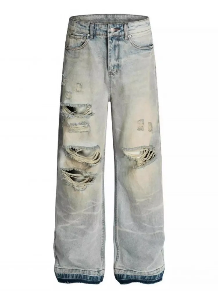 High Street Mens Hole Ripped Baggy Pants Vintage Casual Hip Hop Loose Fit Jeans Autumn Washed Cowboy Long Straight Denim Pants