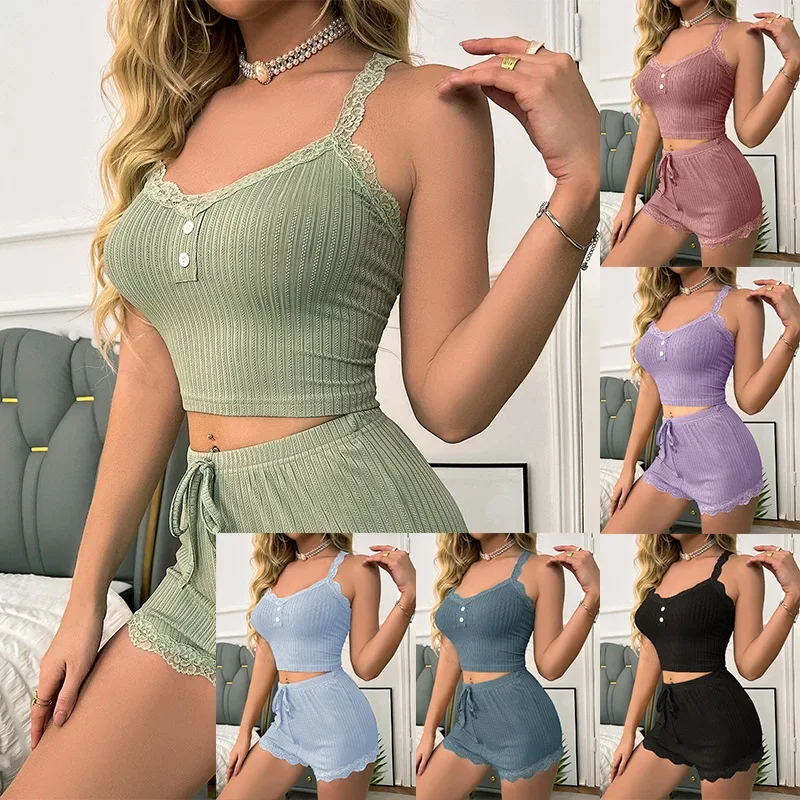 Nachtwäsche-Anzug für Damen, Pyjama, 2-teiliges Set, Leibchen, Shorts, Loungewear, Spitze, Sling-Top, kurze Hosen, ärmellose Sommer-Outfits