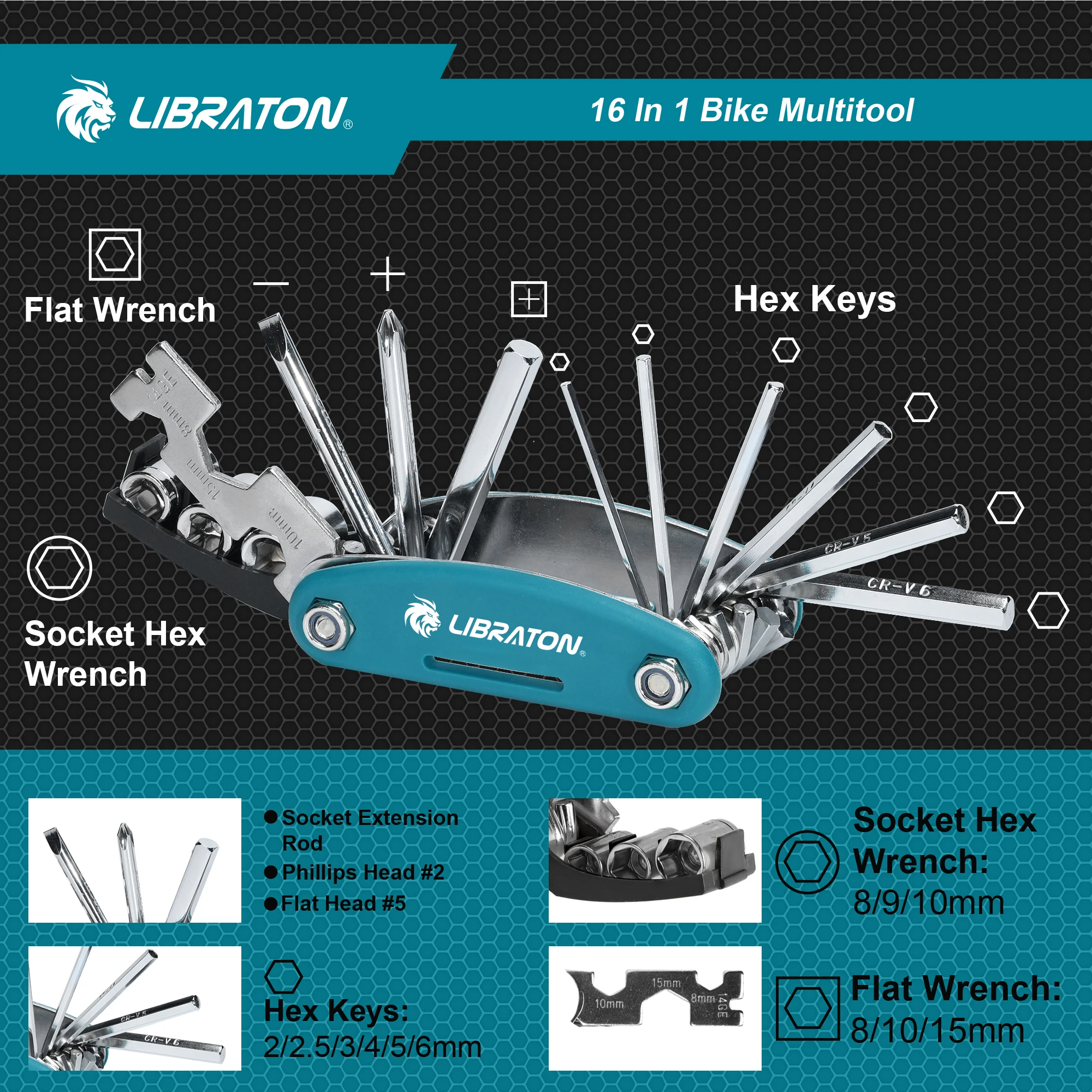 LIBRATON 16 In 1 Bike Repair Tool Kit with Bone Wrench, Mini Bicycle Multitool Portable Mountain Bike Tool Cycling Maintenance