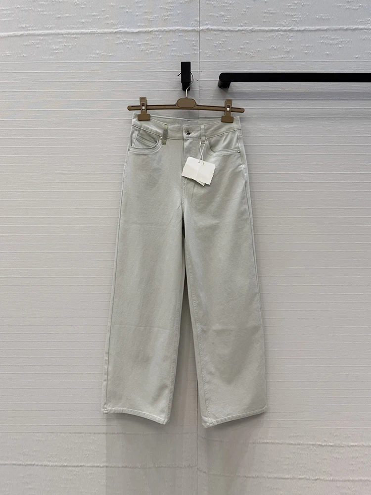 Spring Summer Fashion Outdoors Greyish Green Classic Casual Jeans Women's Middle Waist Multi Pocket Straight Barrel Trousers