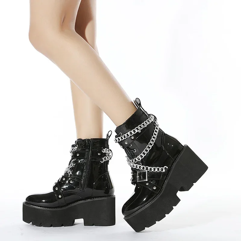 

8cm Vintage Rivet Fall Heeled Boots Women Platform Ankle Boots Buckle Decor Black Chunky Wedge Gothic Nightclub Party Shoes