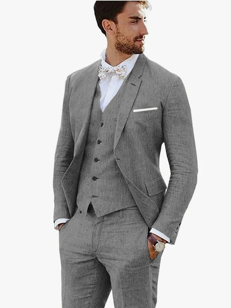 Men's Linen Single Breasted Wedding Suits 3 Pieces (Suit & Vest & Pants) Elegant Men's Gowns Customizable Best Groom Attire