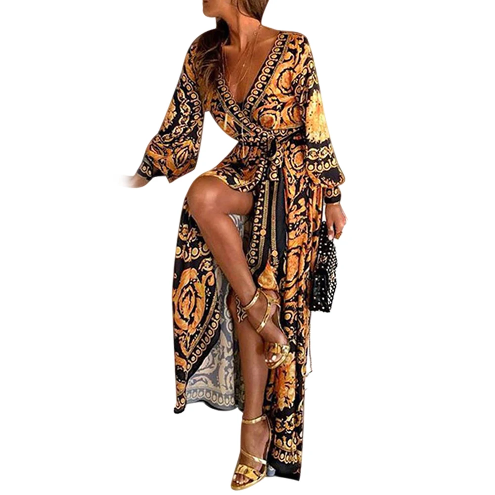 Womens Boho V-Neck Printed Sundress Long Maxi Dress for Summer Loose Party Beach Holiday Casual Long Dress Beach Dress