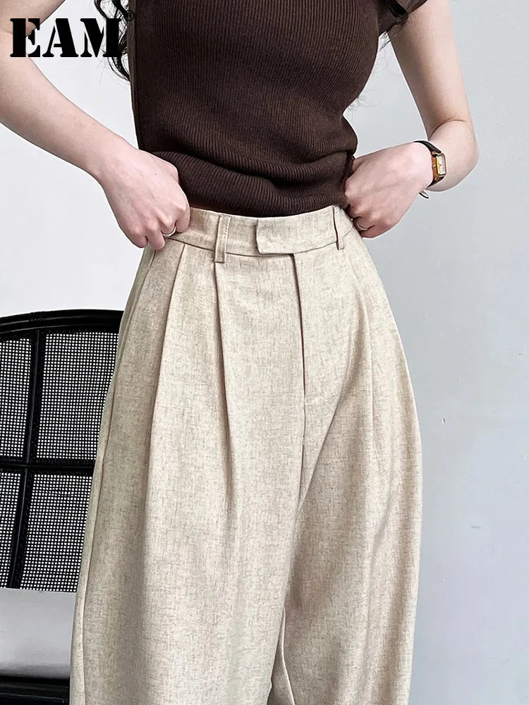 

[EAM] High Elastic Waist Camel Pleated Long Wide Leg Elegant Pants New Trousers Women Fashion Tide Spring Autumn 2024 1DH6002