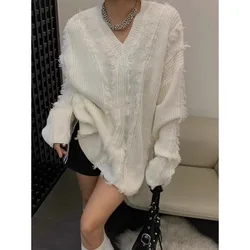 Deeptown V Neck White Women's Sweater Oversize Knitwear Long Sleeve Pullovers Spring Jumper Streetwear Korean Popular Fashion