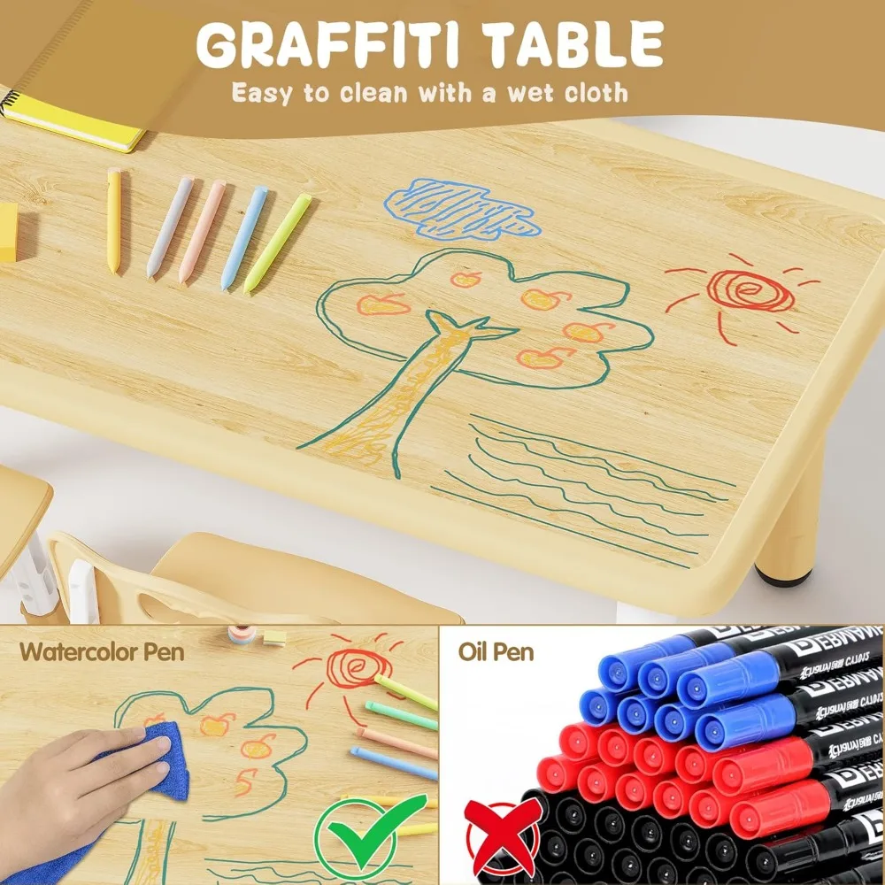 Juego de mesa y 6 sillas para niños, juego de mesa y sillas para niños pequeños de altura ajustable, escritorio Graffiti, aula/cuidado del día/hogar