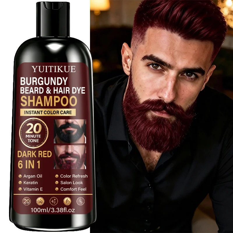 **YUITIKUE Burgundy Beard & Hair Dye Shampoo 6 In 1 Dark Red Color Refresh Argan Oil Keratin Vitamin E Gentle Hair Care**