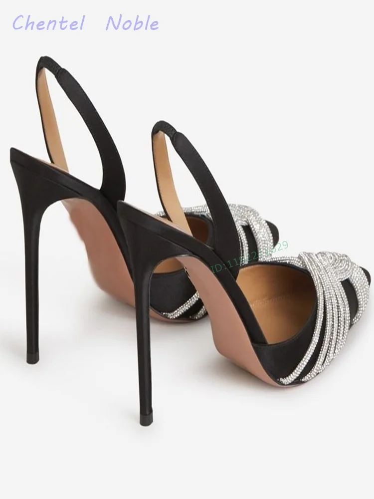 Black Rhinestones Embellished Satin Sandals Ankle Strap Pumps Thin High Heels Pointed Toe Solid Women Stiletto Summer Party