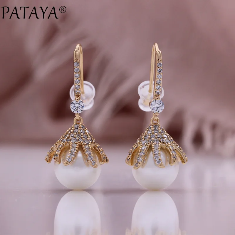 PATAYA Trendy Pearl Long Drop Earrings For Women 585 Rose Gold Color Natural Zircon Accessories Vintage Party Fine Daily Jewelry