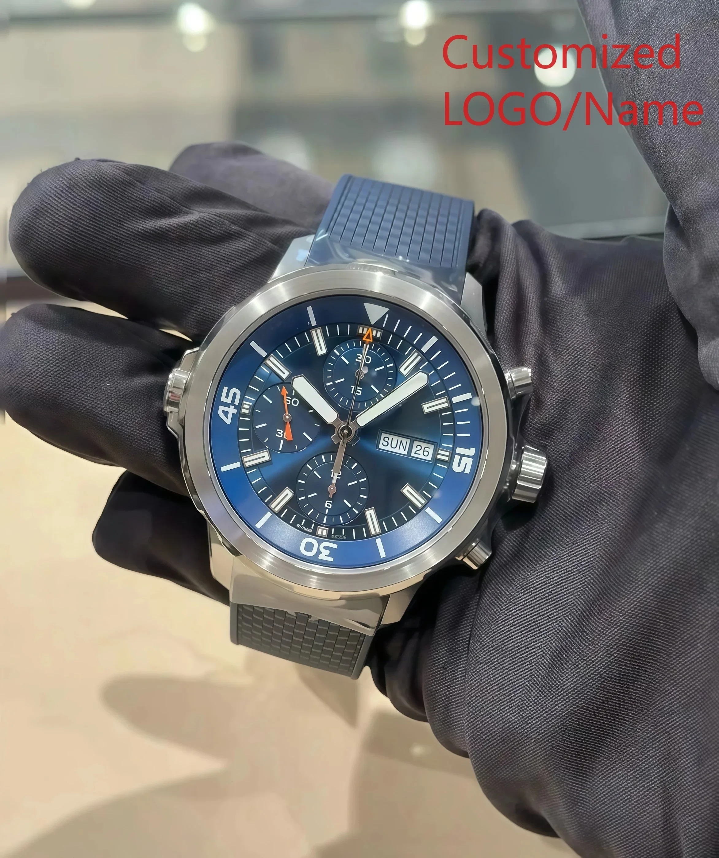 A88 Store  quatimer Special External Mens  Quartz Chronograph Watch Rotating Bezel Blue Black Rubber Watches Customized