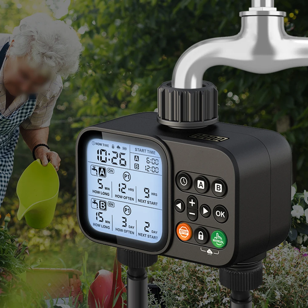 

Smart Dual Outlet Irrigation Timer: Effortless Auto & Manual Watering Control!