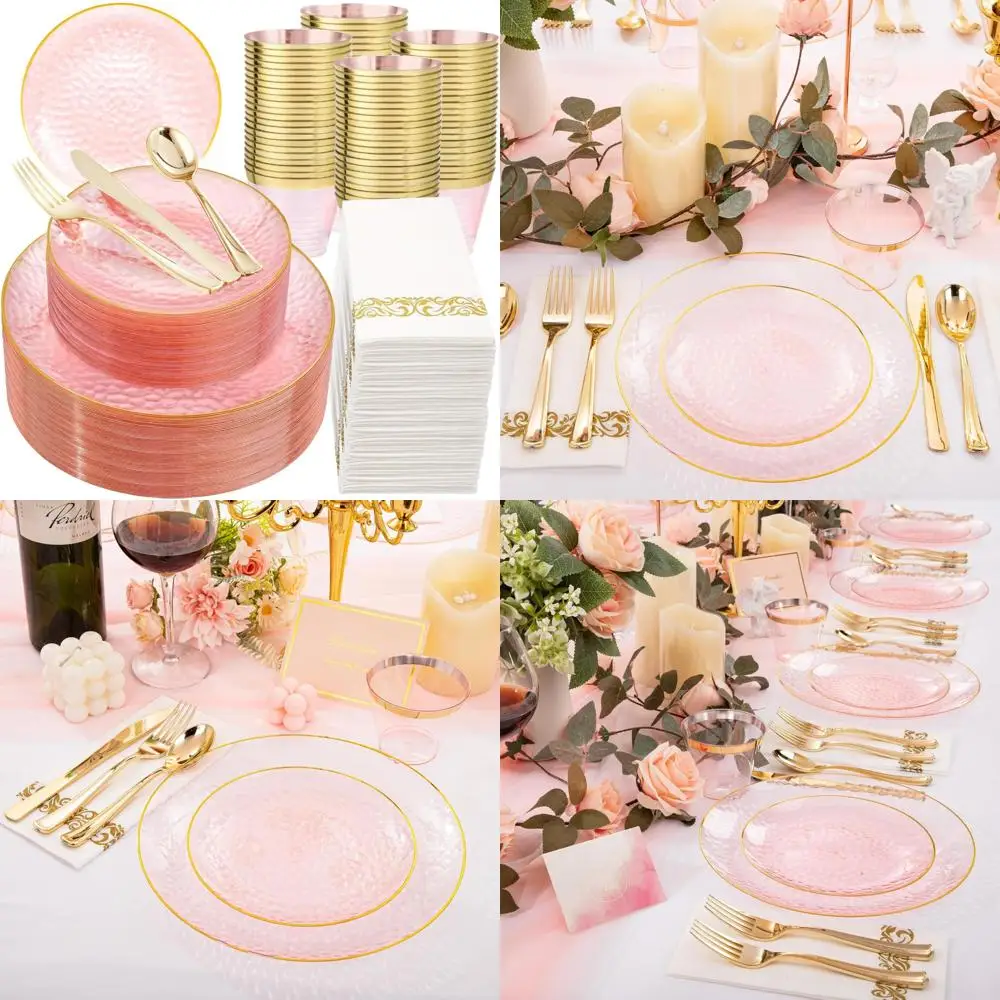 

Набор пластиковых тарелок розового золота — 350 шт., кованая одноразовая посуда, в комплект входят 100 прозрачных тарелок для вечеринок и мероприятий