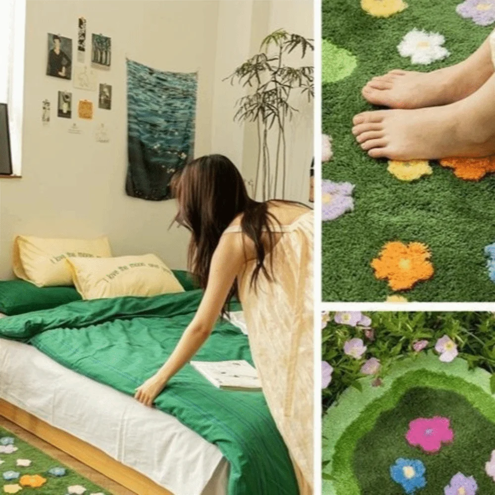 Modern Irregular Imitation Cashmere Carpet Non Slip Absorbent Green Moss Rug Flower Pattern Soft Decorative Floor Mats Kitchen