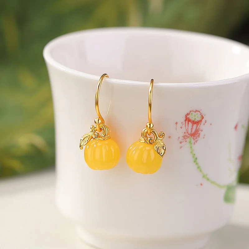 Amxiu Sterling Silver 925  Amber  Gold-Plated Pumpkin Bead Cute 3D Creative Design Silver Earrings Ear Hooks
